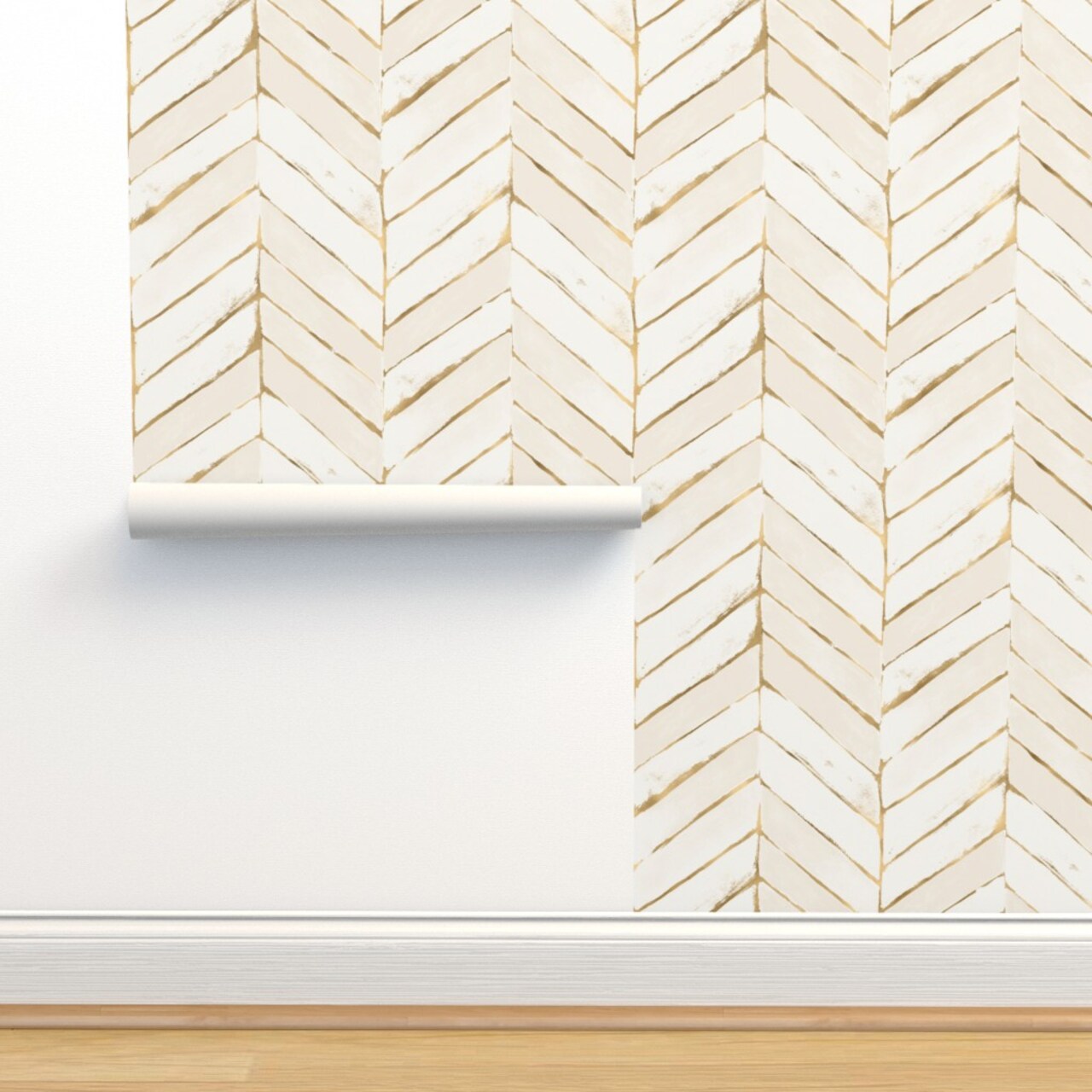 Cream Gold Tone Chevron Herringbone Neutral Geometric Custom Removable Wallpaper by Spoonflower Peel & Stick Wallpaper 2FT Wide